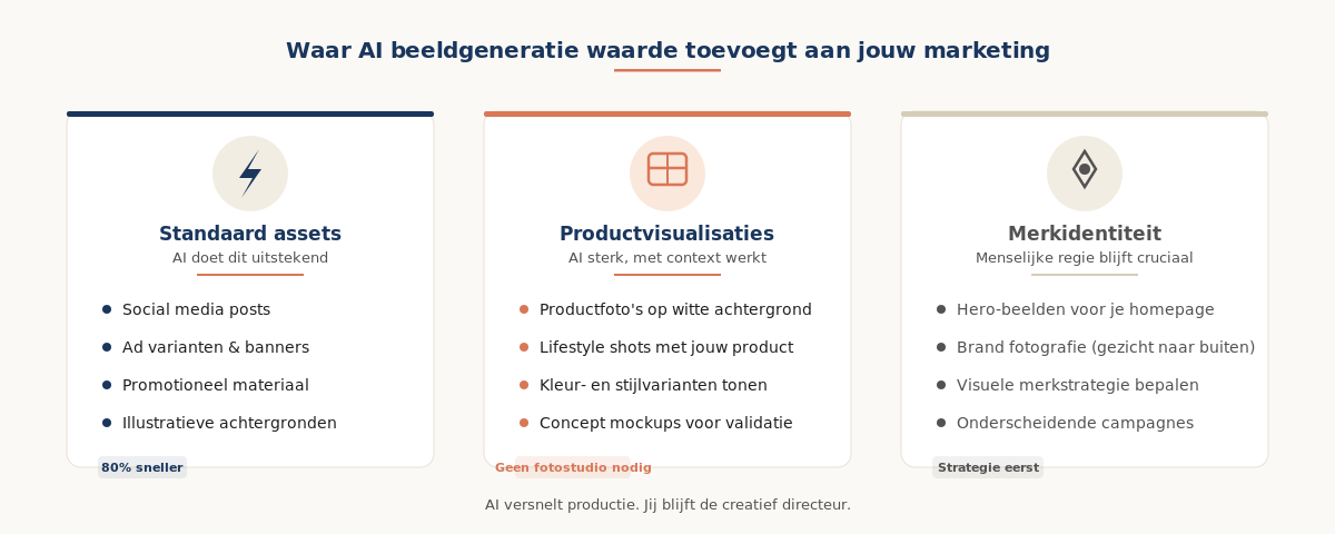 Overzicht van waar AI beeldgeneratie waarde toevoegt: standaard assets (AI sterk), productvisualisaties (AI sterk met context) en merkidentiteit (menselijke regie blijft cruciaal)